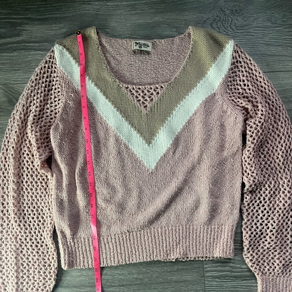 Show Me Your Mumu Pink Brown Knit Crochet Bubbly Sleeve V Neck Sweater Size S - Picture 7 of 8